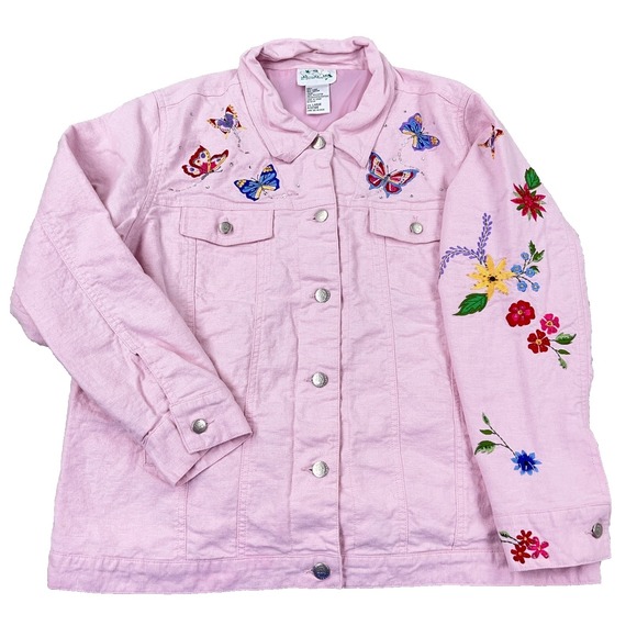 Quacker Factory Jackets & Blazers - Vintage Quacker Factory Jacket Women Large Pink Embroidered Flower Linen Boho